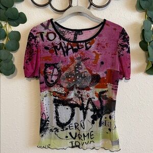 Vintage Y2K Euro Mixed-Print Rhinestone Sheer Top💕